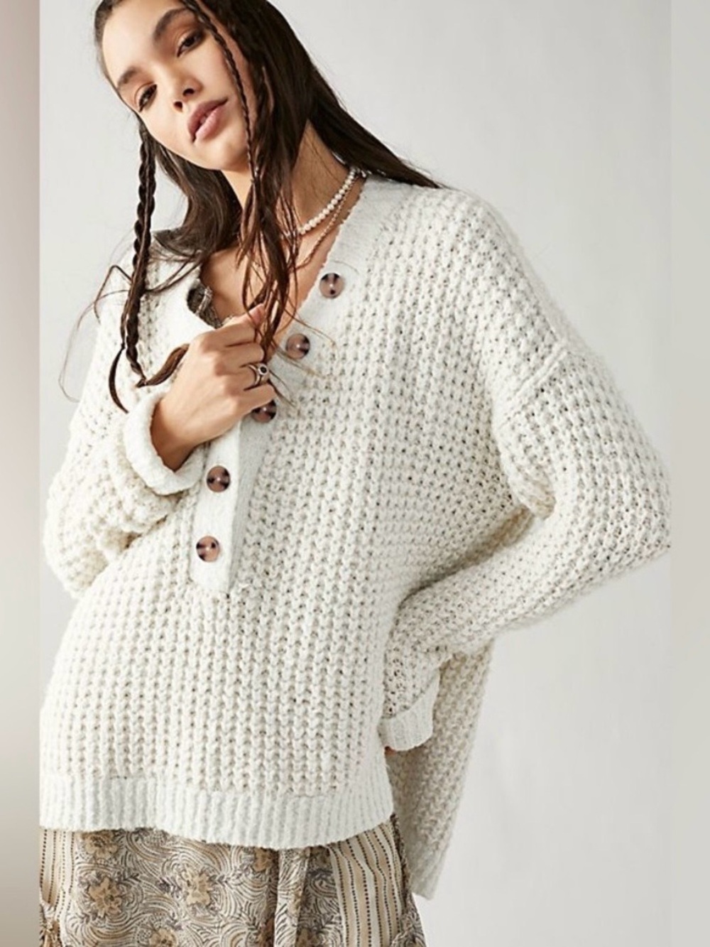 Free People Whistle Thermal Henley Sweater Small White Cloud Slouchy Chunky Knit